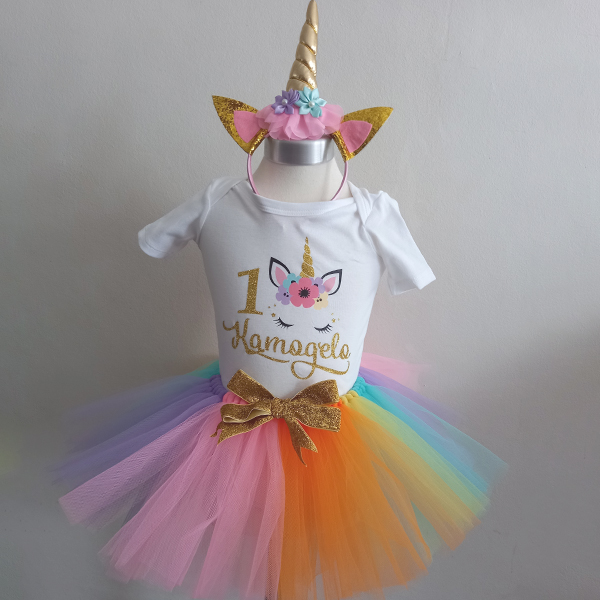 Product: Unicorn rainbow tutu outfit with personalised t-shirt with glitter text for her