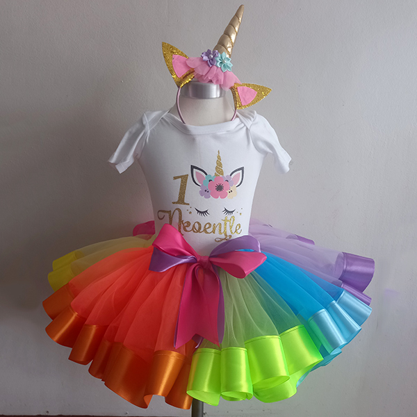 Product: Unicorn rainbow ribbon tutu with personalised t-shirt with glitter text for her