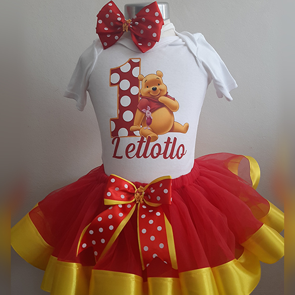 Product: Winnie the pooh red and yellow ribbon tutu with personalised t-shirt