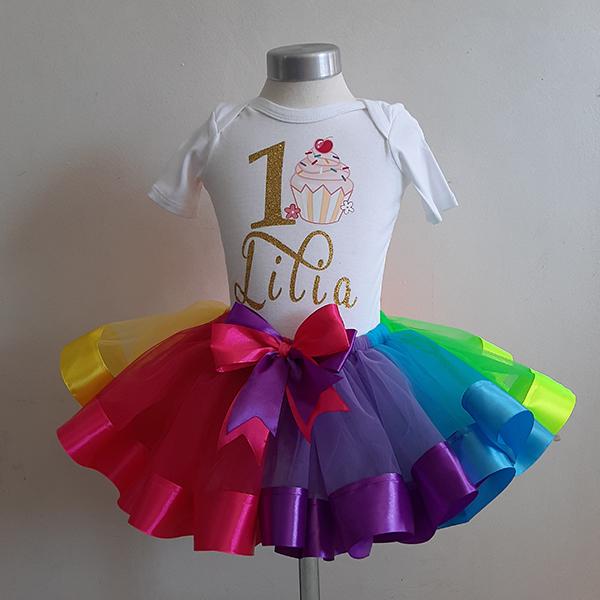 Product: Cupcake Rainbow ribbon tutu with a personalised rainbow onesie 