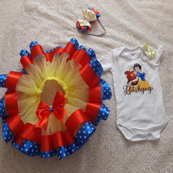 Product: Princess snow white ribbon tutu with a personalised onesie with a matching headband
