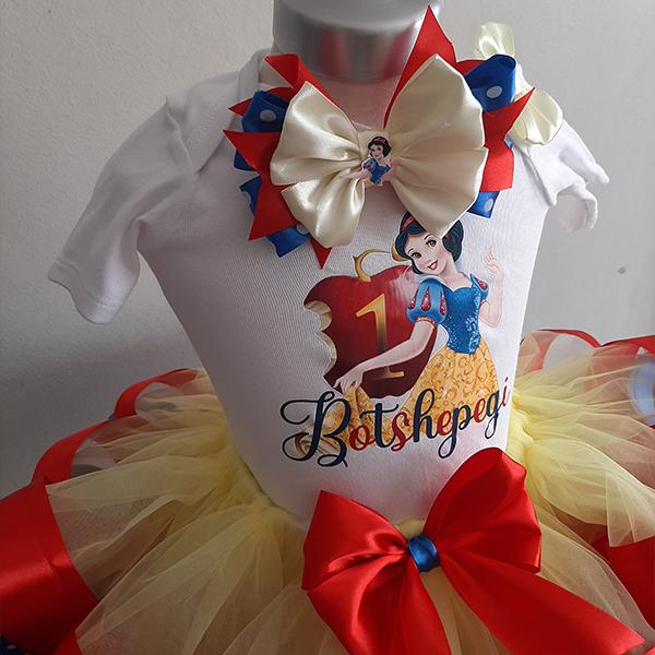Product: Princess snow white ribbon tutu with a personalised onesie with a matching headband