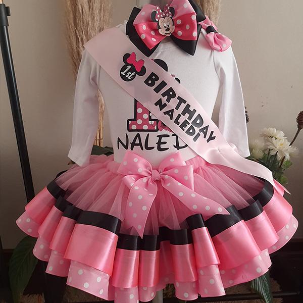 Product: Pink and black minnie mouse ribbon tutu with personalised t-shirts and headband