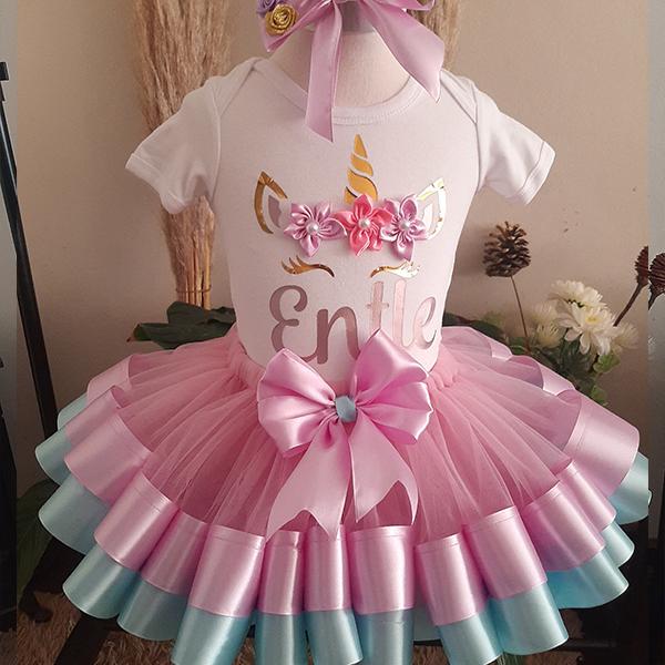 Product: Unicorn flowery ribbon tutu with personalised onesie with a matching headband 