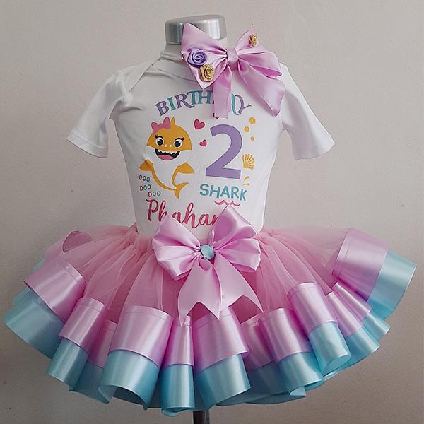 Product: Pink and blue baby shark personalised ribbon tutu with tshirt and headband