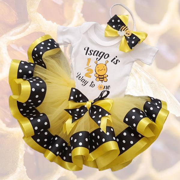 Yellow and black personalised bee ribbon dress with t-shirt and h...
