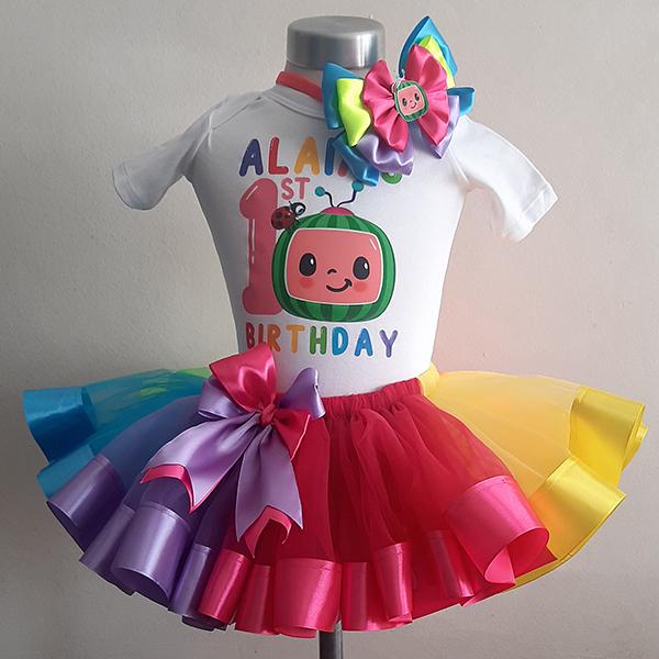 Cocomelon rainbow ribbon tutu with a  personalised  t-shirt