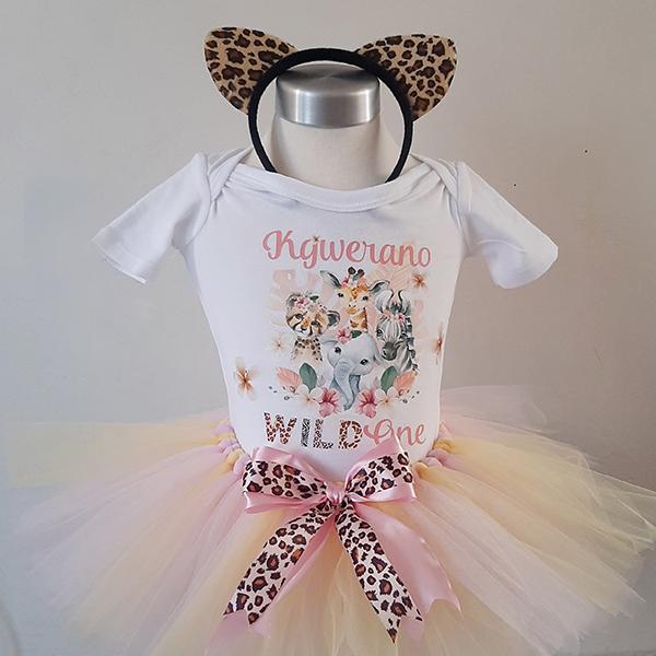 Product: Girl pink and yellow wild one with personalised onesie