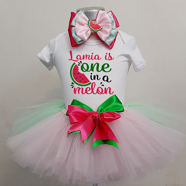 Product: Green, red and pink one in a melon tutu and personalised onesie with matching headband