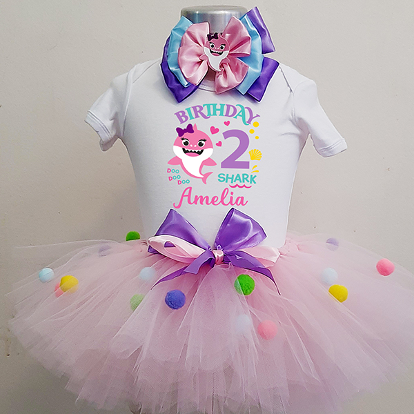 Product: Pink baby shark with rainbow pom pom personalised tshirt and headband