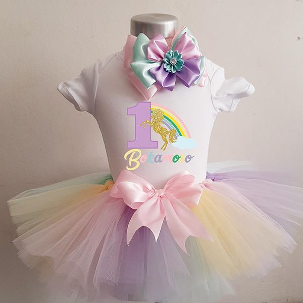 Product: Milky Unicorn Rainbow tutu with a personalised onesie and matching headband