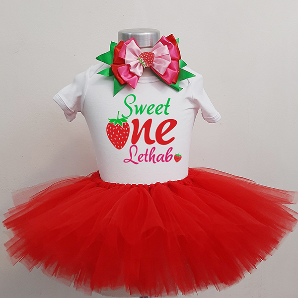 Product: Sweet one strawberry red tutu with personalised onesie and matching headband