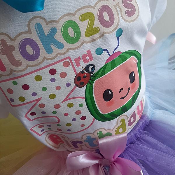 Product: Cocomelon shimmer ribbon tutu with a  personalised  t-shirt and headband