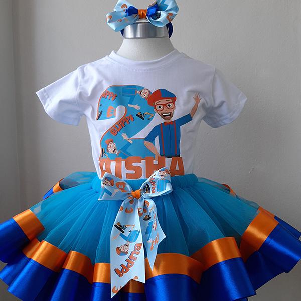 Product: Blippi blue and orange ribbon tutu with a personalised t-shirt and headband