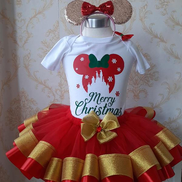 Red and gold merry christmas ribbon dress with a minnie mouse top
