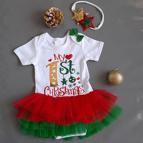 My first christmas onesie dress with a touch of gold green and re...