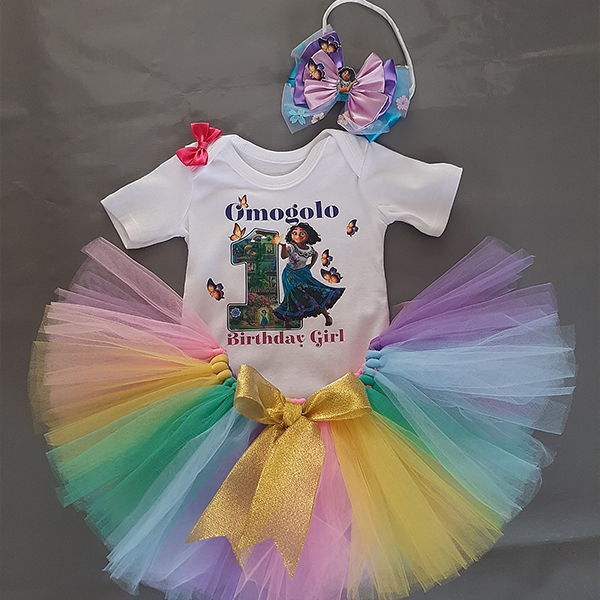 Product:  Encanto pastel tutu with a personalised onesie and a matching headband
