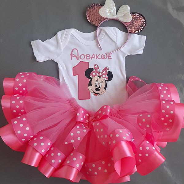Pink minnie mouse ribbon dotted tutu with personalised t-shirts a...