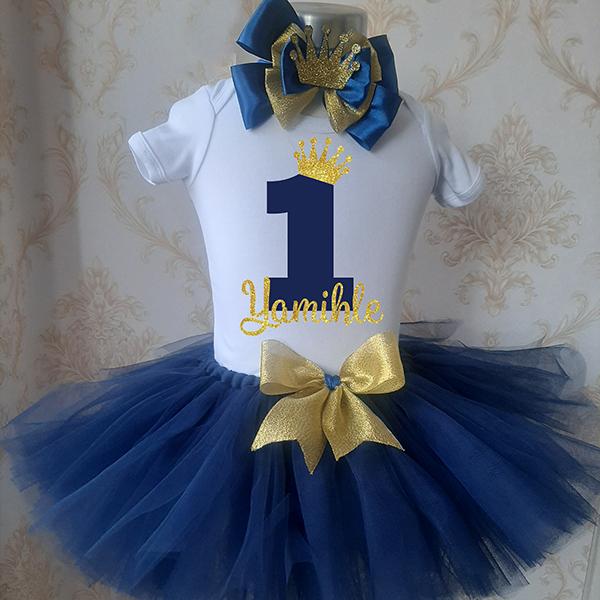 Navy blue tutu with gold ribbon with personalised onesie and head...