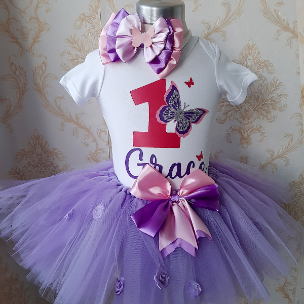 Product: Purple roses tutu with butterflies top and baby name 