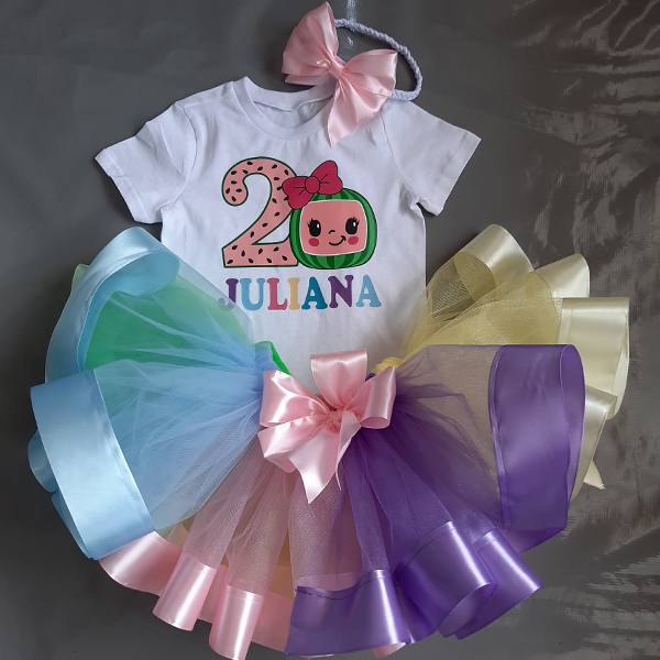 Product: Cocomelon light shimmer ribbon tutu with a  personalised  t-shirt and headband