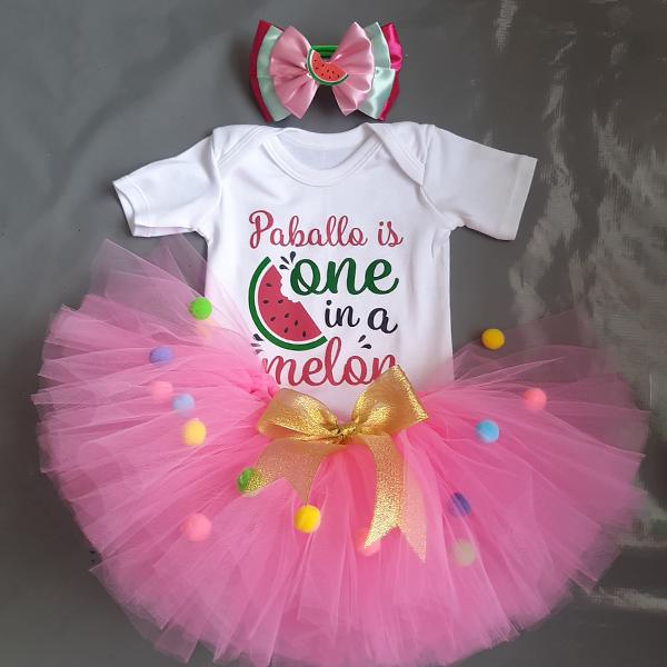 Bright pink one in a melon pom pom tutu with personalised top and...