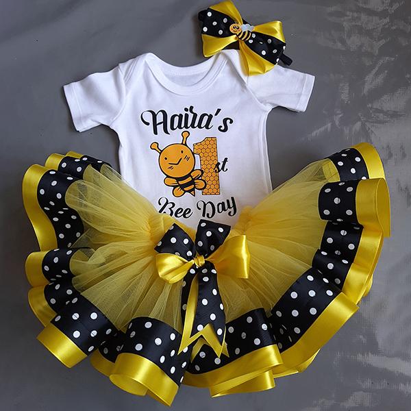 Product: Bee-day yellow and black ribbon dress with a personalised top and headband