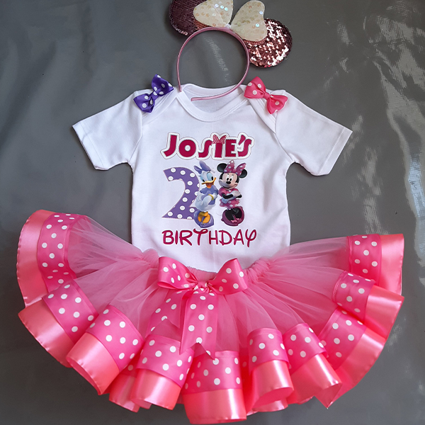 Product: Minnie mouse and daisy pink ribbon tutu set with matching top and headband