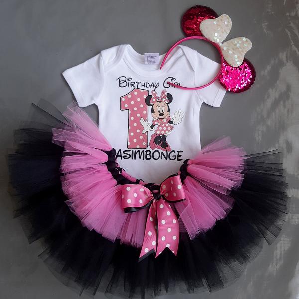 Pink and black minnie mouse tutu set with personalised top and he...