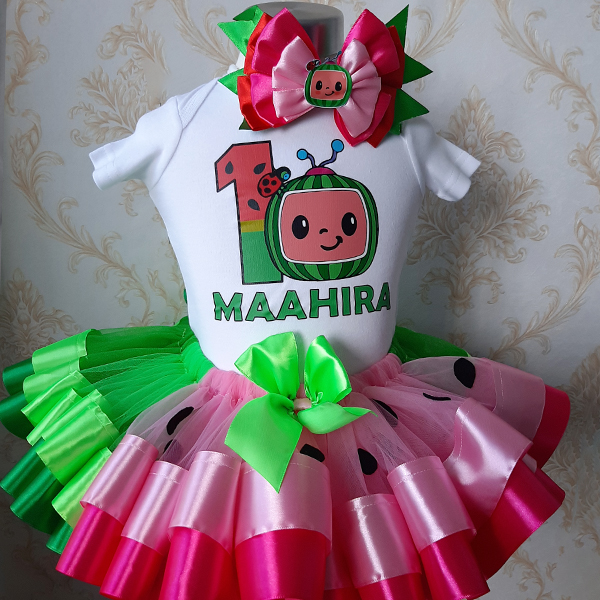 Product: Cocomelon melon ribbon green and pink tutu with a  personalised top and headband