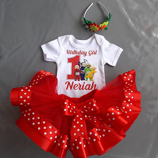Teletubbies red and dotted white ribbon tutu with personalised to...