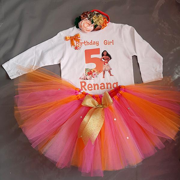 Product: Orange and Pink Moana tutu with personalised tshirt and headband 