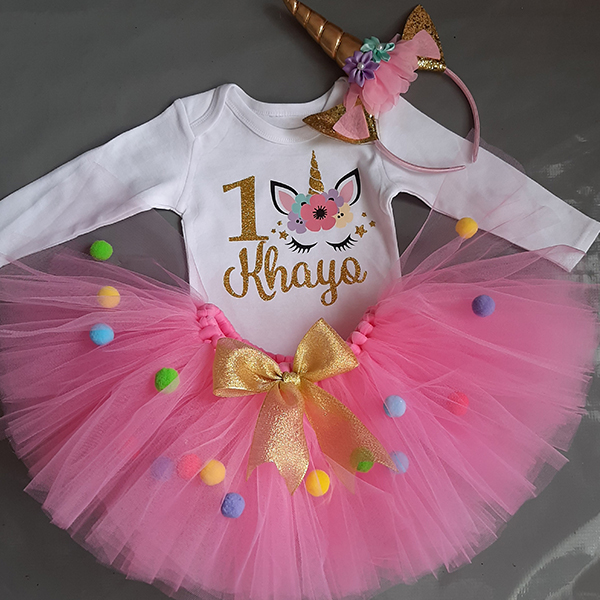 Product: Pink unicorn pom pom tutu and personalised shirt and headband