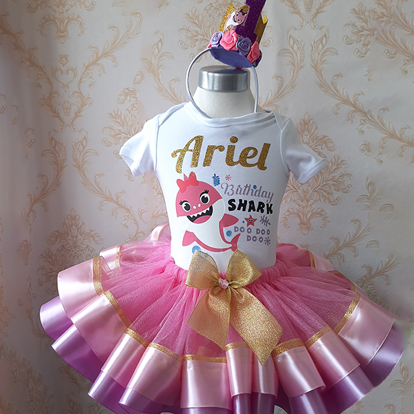 Product: Baby shark with a touch of gold ribbon tutu with personalised tshirt and headband