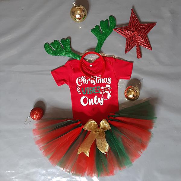Red and Green tutu with a christmas vibes only tshirt and matchin...