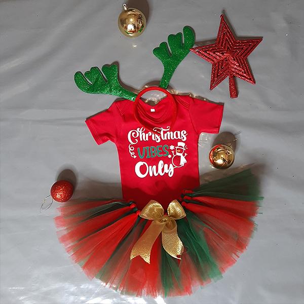 Product: Red and Green tutu with a christmas vibes only tshirt and matching headband