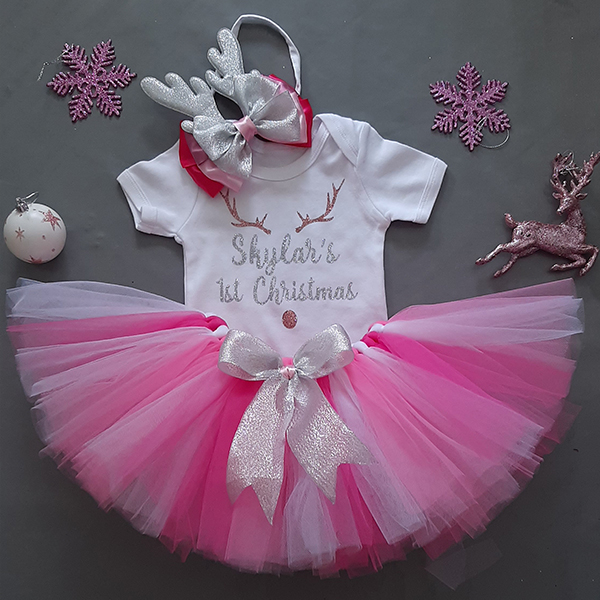 Product: Pink and silver tutuset with my 1st christmas top and headband