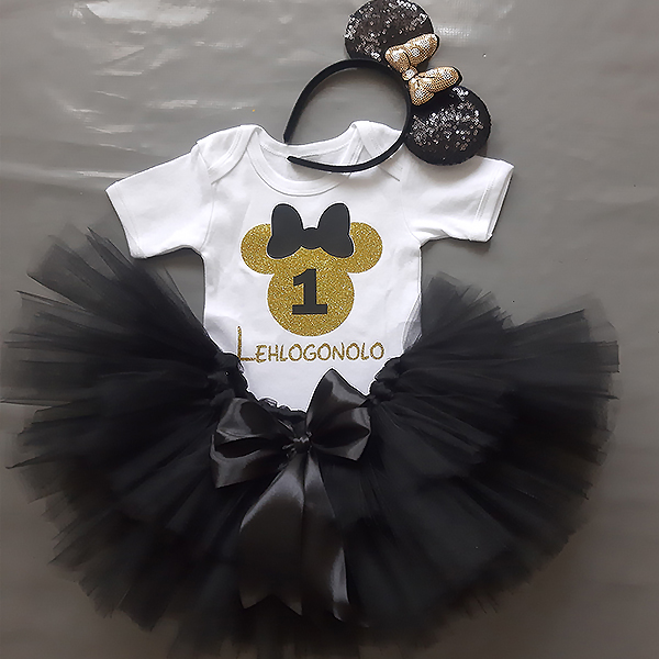Product: Black and gold minnie mouse tutuset with a personalised tshirt and headband