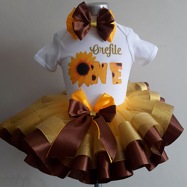 Product: Sunflower beautiful ribbon tutu with a personalised tshirt and headband