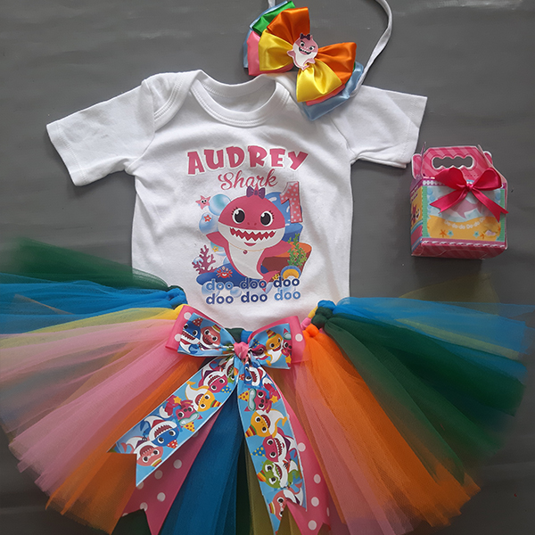 Product: Baby shark rainbow tutu with personalised tshirt and headband