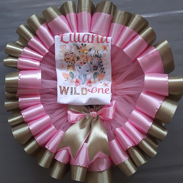 Product: Wild one pink and green ribbon tutu with a personalised onesie
