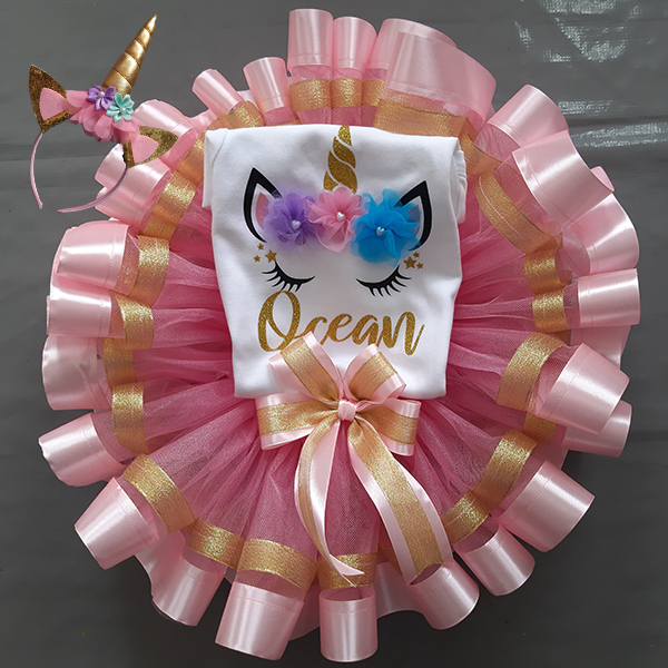 Product: Unicorn pink and purple ribbon tutu with personalised onesie with a matching headband
