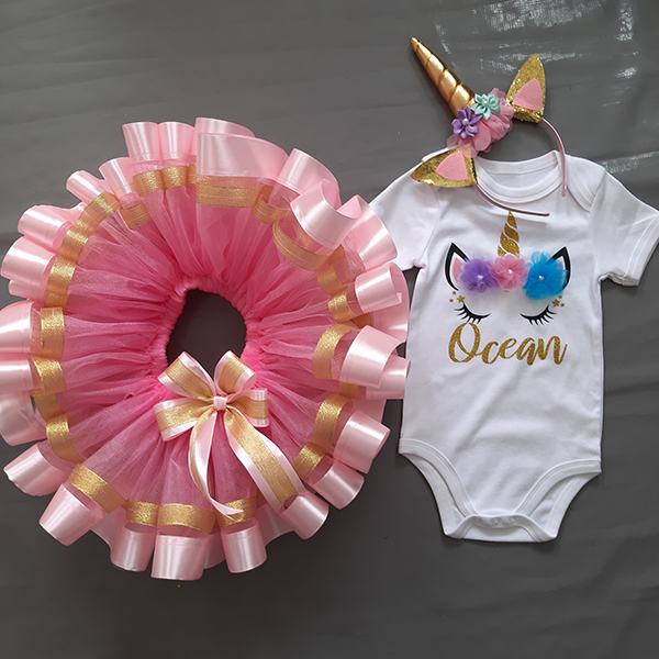 Product: Unicorn pink and purple ribbon tutu with personalised onesie with a matching headband