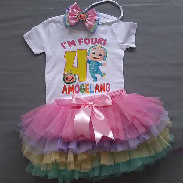 Product: Cocomelon rainbow skirt with a personalised top and a matching headband