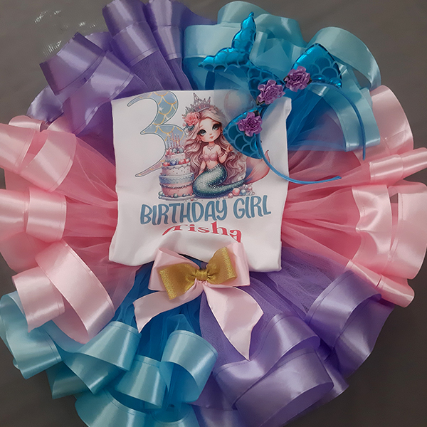 Product: Mermaid pink purple and blue ribbon tutu and matching tshirt