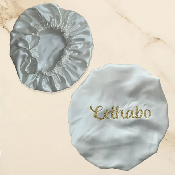 White Gold Glitter Name Satin Kids Personalised Bonnet