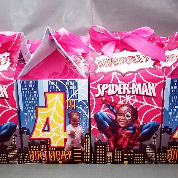 Personalised Pink Spider Superhero Milk Box Party Favour Birth...