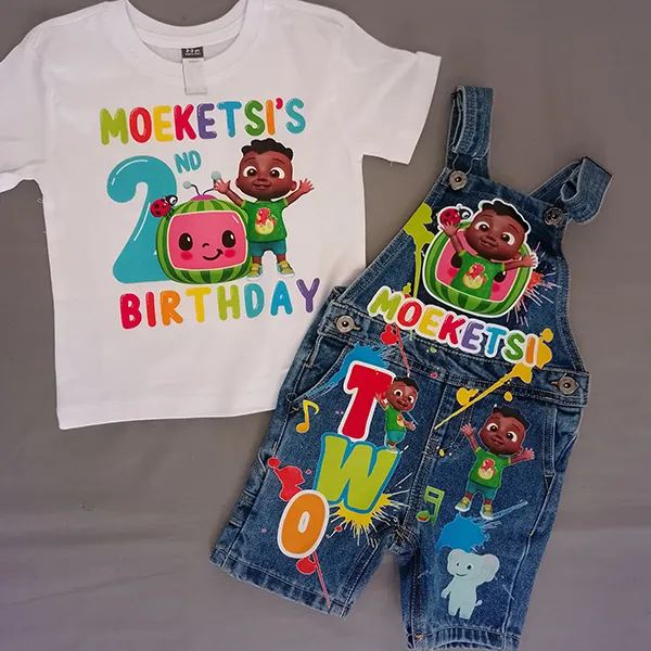 Personalised Boys Birthday Denim Dungaree Outfit Cocomelon Inspir...