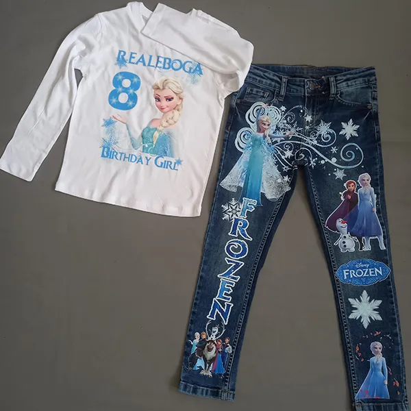 Personalised Frozen Outfit Printed Denim Jeans and T Shirt Set fo...