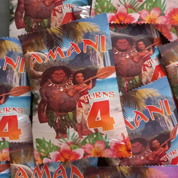 Moana Birthday Party Chip bag Personalised with snacks
